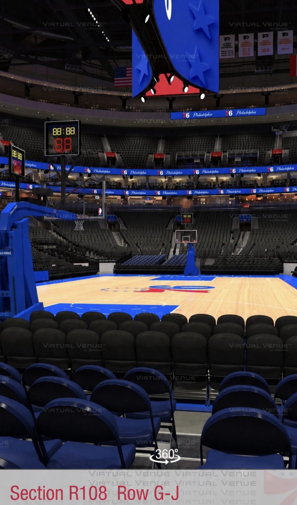 View from Section R108, Row G, Seats 8 and 9 looking at the court